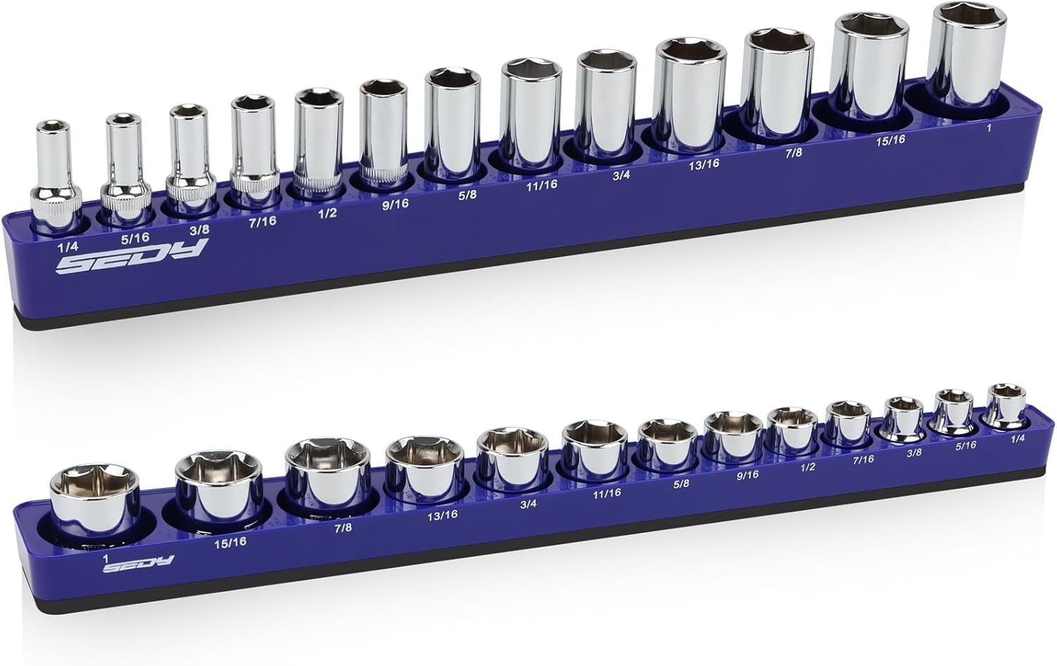 2-Piece 3/8"-Drive SAE Magnetic Socket Organizer Set (Holds 26 Sockets) - Detachable Tool Tray with 5mm Magnetic Base, Screw-Fixed Design & Heavy-Duty Modular Storage for Garage/Home Workshop
