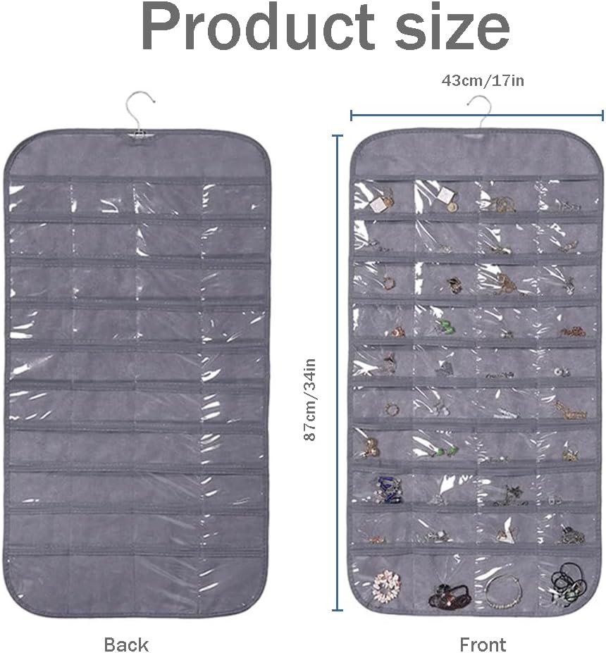 3PCS Hanging Jewelry Organizer with 80 Pocket Double-Sided Jewelry Holder Storage Wall Door Closet Accessories Organizer for Earrings, Necklaces, Rings (Grey)