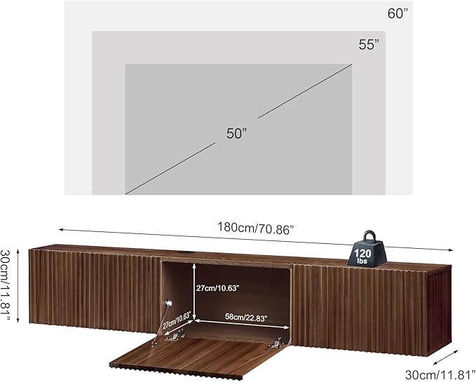 Floating TV Stand, Modern Wall Mount Entertainment Center TV Shelf, 70.7" Media Console Under TV Storage Cabinet with Fluted Doors, TV Consoles for Living Room, Floating Cabinet for Wall (Walnut)
