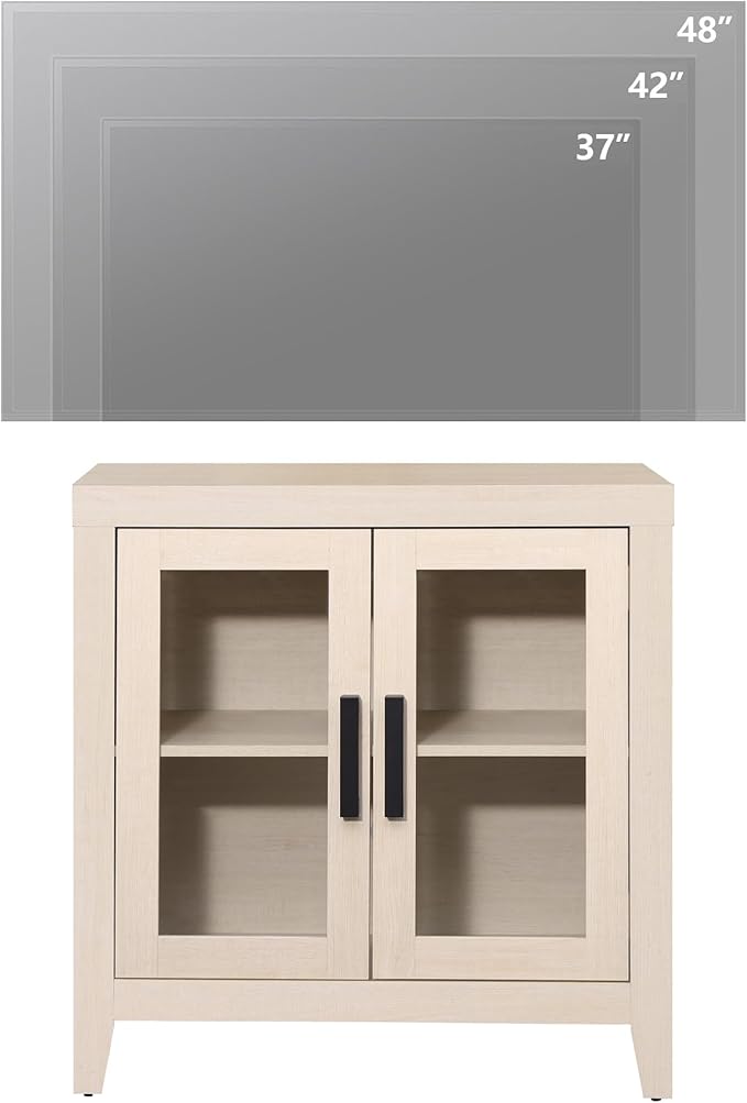 WAMPAT Farmhouse TV Stand for TVs up to 50”, Rustic Wood Entertainment Center with Adjustable Shelf, Glass Doors & Storage, Media Console Cabinet for Living-Room, Bedroom, Beige