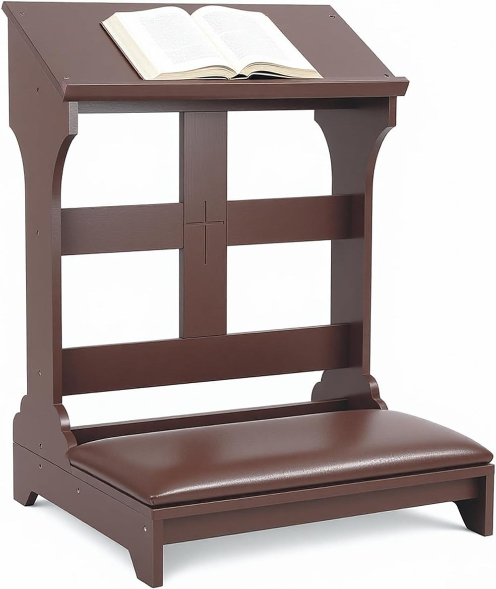 Kneeler for Prayer – Wooden Prayer Bench Kneeler, Padded Faux Leather Kneelin...