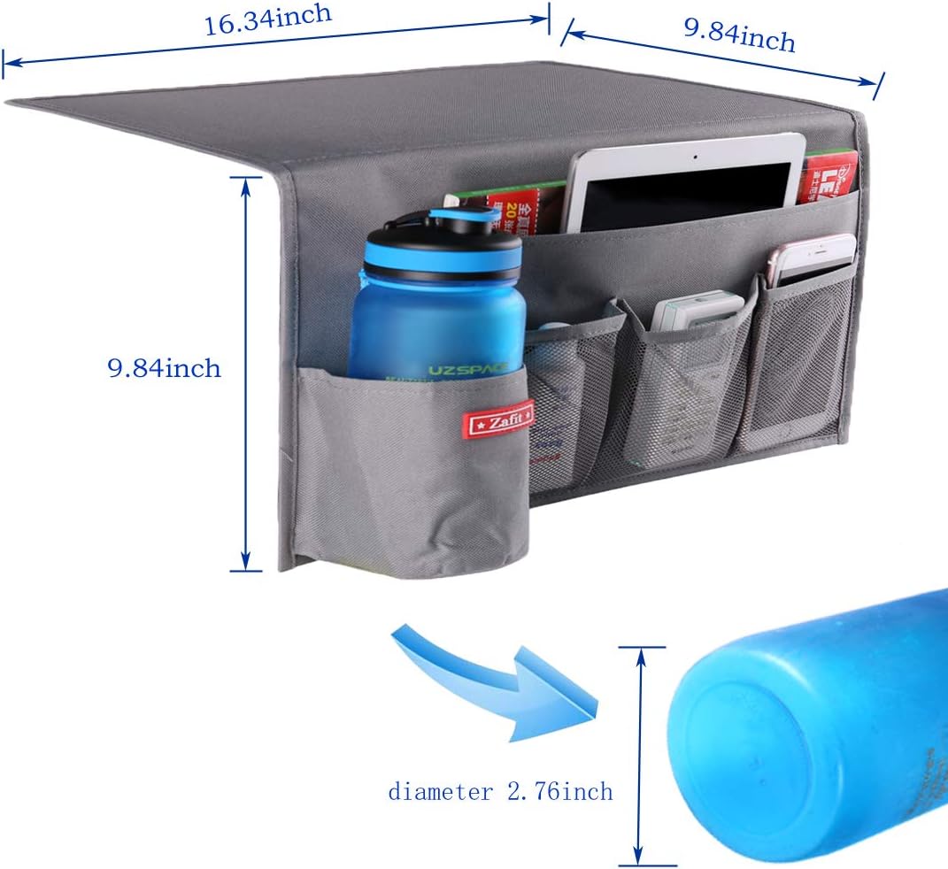 5 Pockets Bedside Caddy, Bedside Storage Organizer for Water Bottles, Magazines, Phone, Glasses (5 Pockets-Grey)
