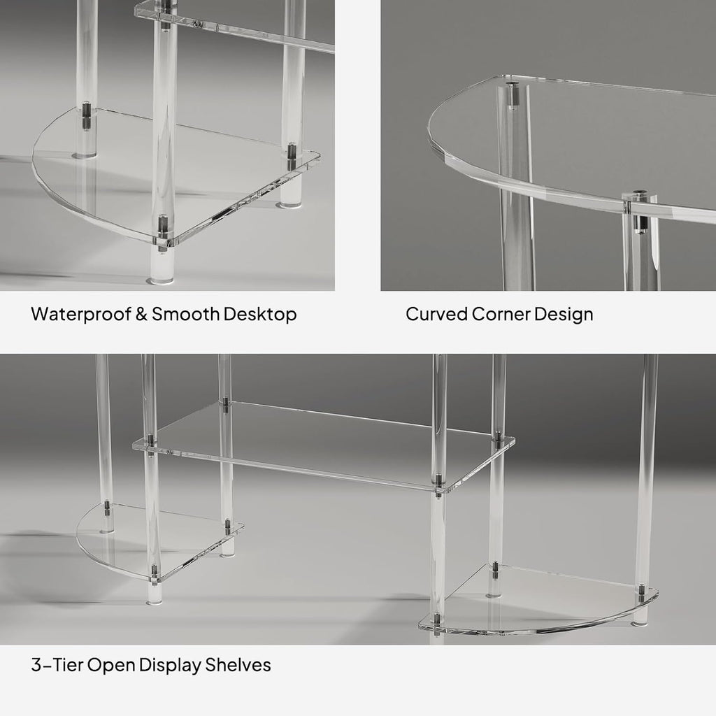 Eglaf Acrylic Modern TV Stand, 3-Tier Semi-Circular TV Console Table | Corner TV Stand, Entertainment Center with Open Shelves, TVs up to 50 Inch, 47.2'' L x 13.4'' W x 22.4'' H, Clear