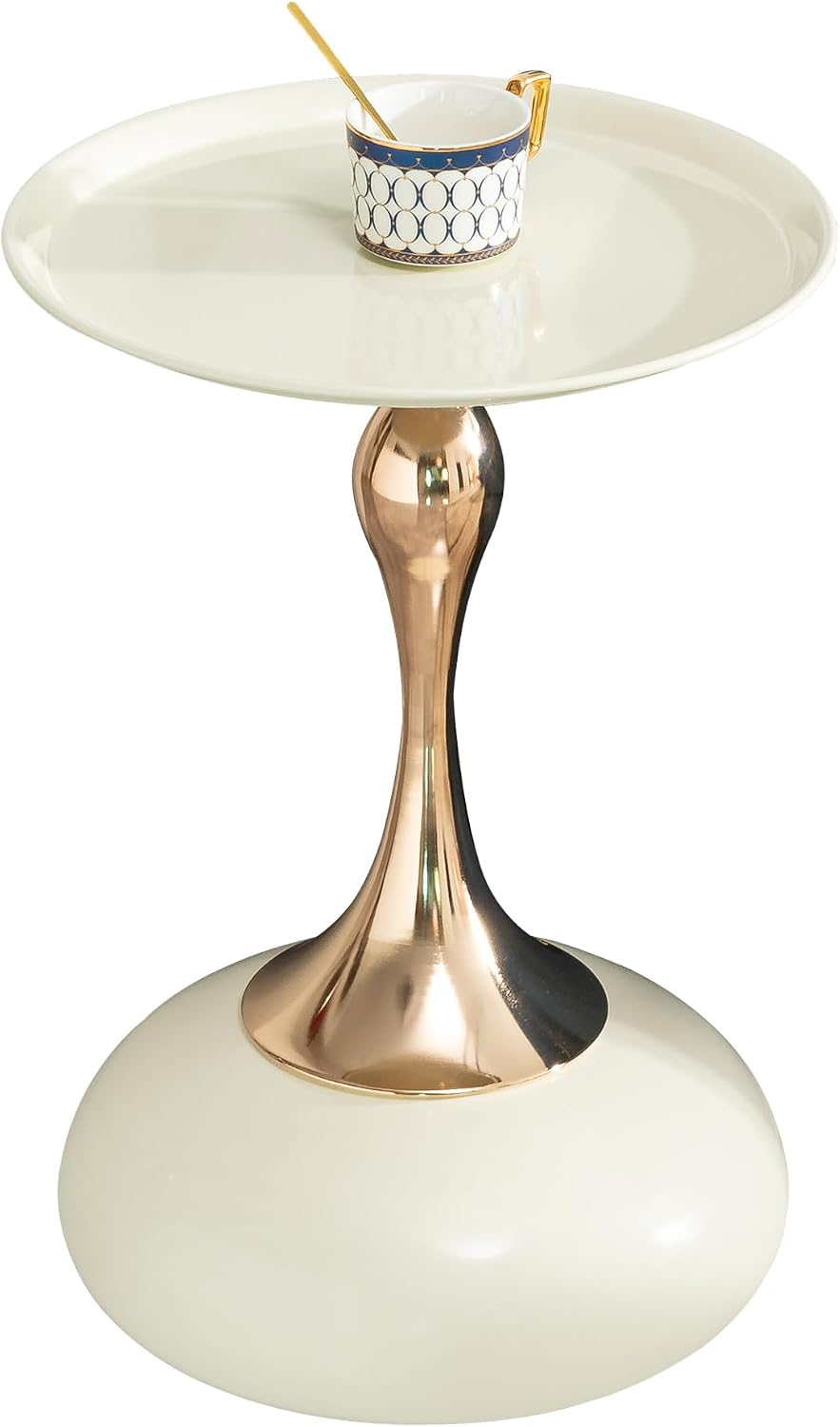 Round Side Table, White and Rose Gold, Cocktail End Table for Living Room, 14...