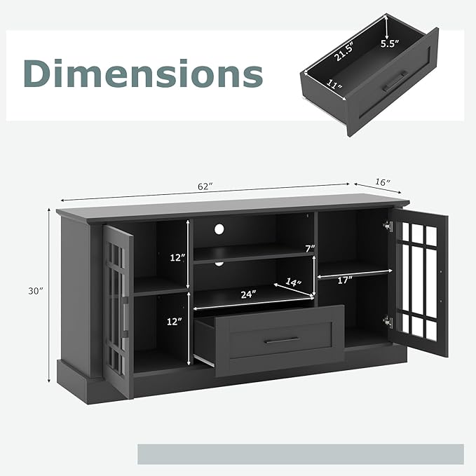 GOFLAME Farmhouse TV Stand for TVs up to 70", Entertainment Media Center Storage Cabinet with Glass Doors, Open Shelves & Drawer, Wooden Television Console Table for Living Room (Black)