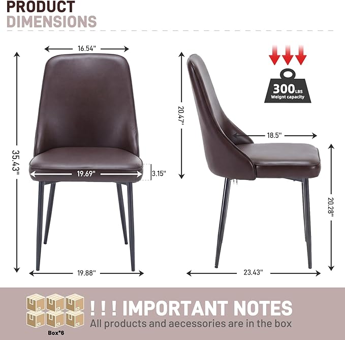Modern Dining Chairs Set of 6, Faux Leather Upholstered Dining Room Chair Kitchen Chairs Dinner Side Chair with Curved Back and Metal Legs for Kitchen, Dining Room, Living Room, Brown