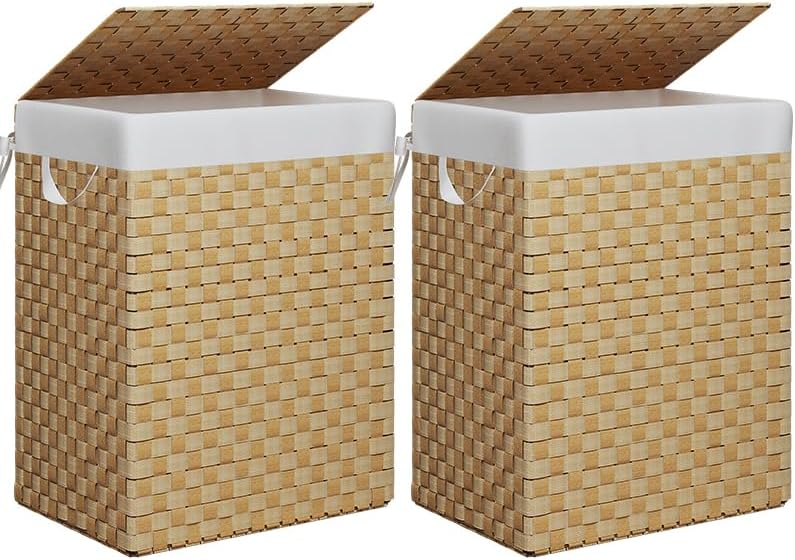 Foldable Laundry Hamper Basket with Lid by Fiona's magic, Handwoven 96L Large Clothes Hamper with Removable Liner Bags, Collapsible Tall Hamper for Bedroom, Bathroom and Dorm Organizer, 2Pack, Natural