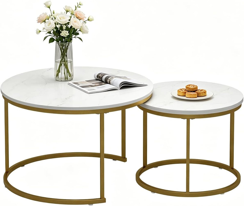 White Round Nesting Coffee Table Set of 2, Marble Pattern Top with Gold Metal...