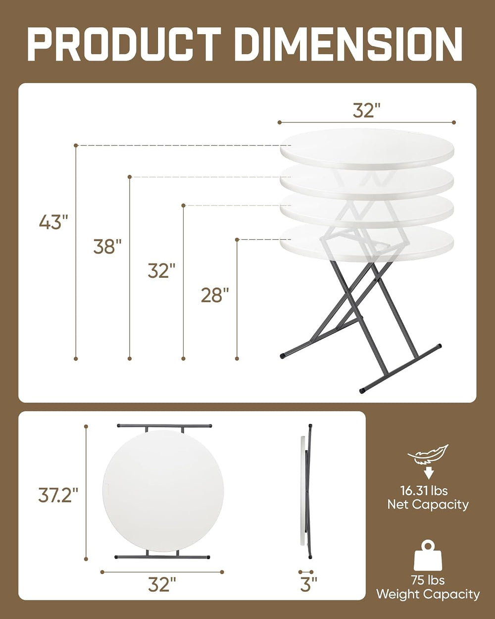 FanttikOutdoor Folding Table Round 32" Quick Adjust 4 Heights Party, Pat...