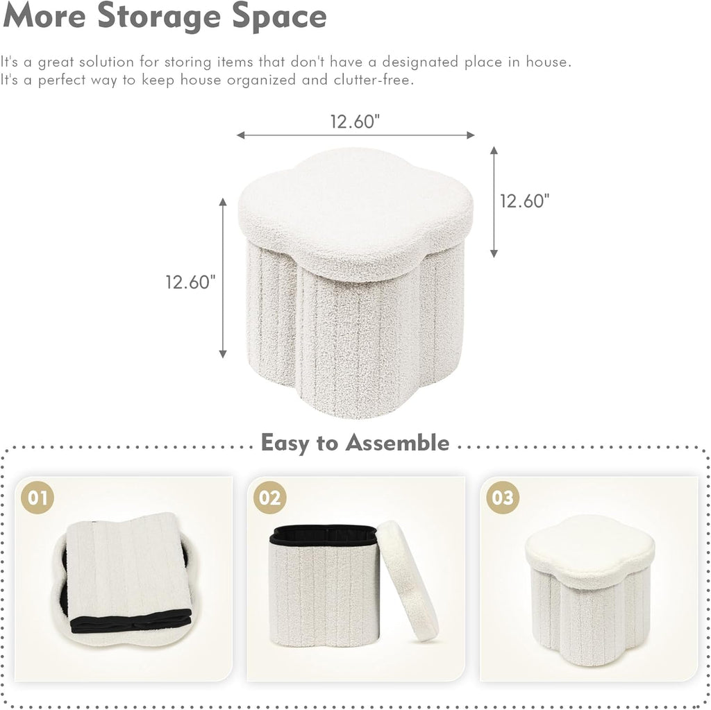 B FSOBEIIALEO Storage Ottoman Cube, Flowers Shaped Ottomans with Storage Foot Stool Footrest for Lving Room, Boucle Ottoman Seat for Dorm Room,Faux Teddy Fur,White 12.6"x12.6"x12.6"