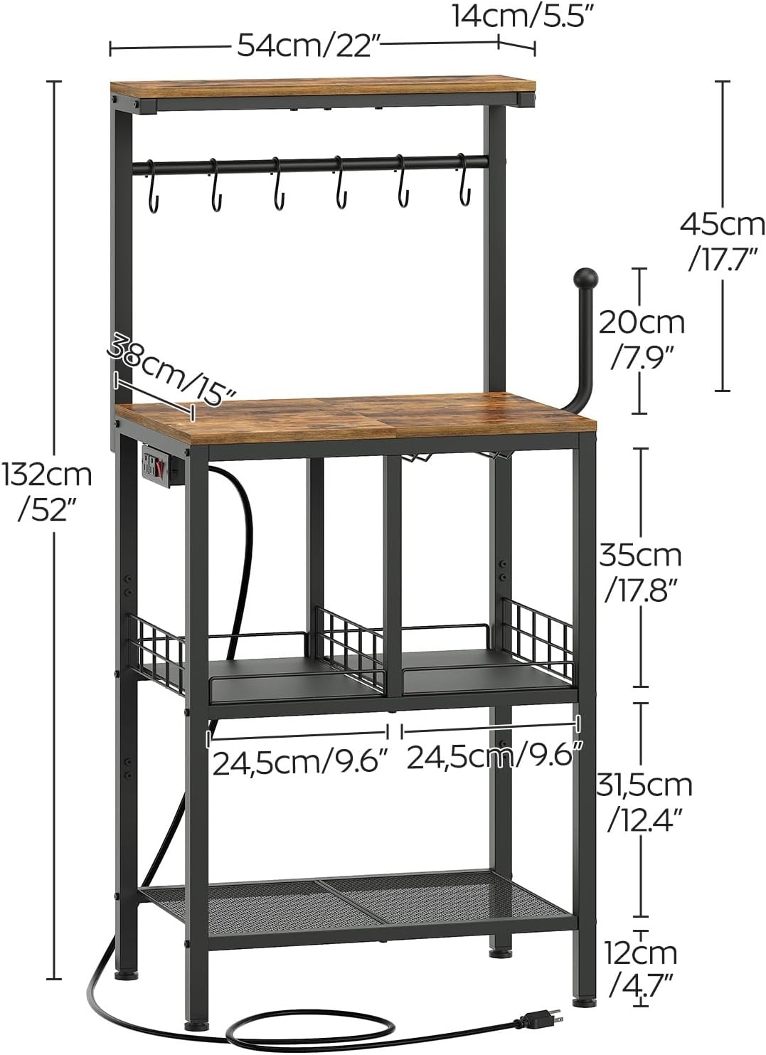 YATINEY Bakers Rack with Power Outlet, Microwave Stand with Paper Holder, Coffee Bar Station with Wine Glass Holder, 4-Tier Kitchen Storage Rack for Dining Room, Living Room, Rustic Brown HB02UBR