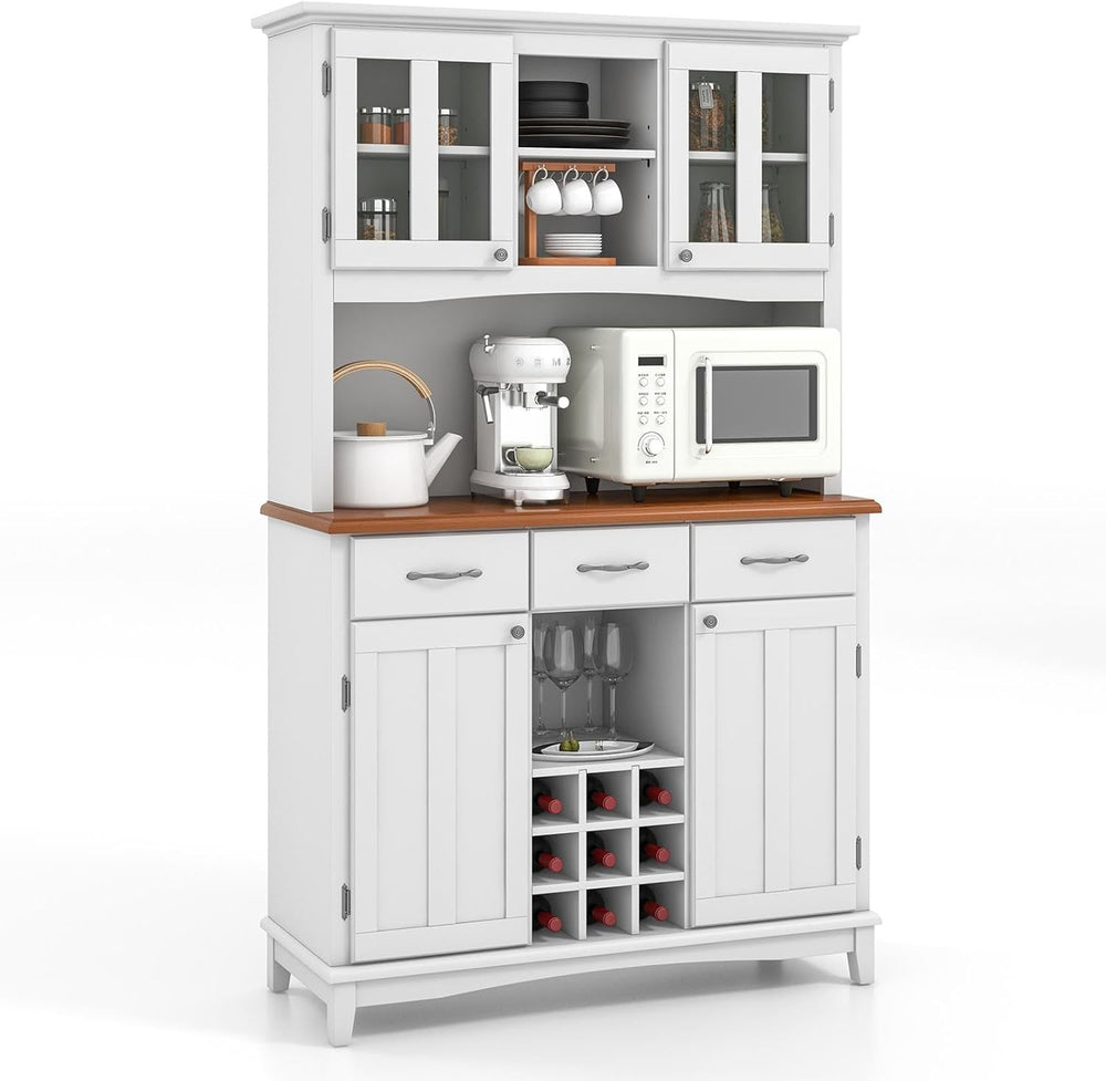 Moccha Kitchen Hutch with Storage, Farmhouse Buffet Cabinet Cupboard with Gla...