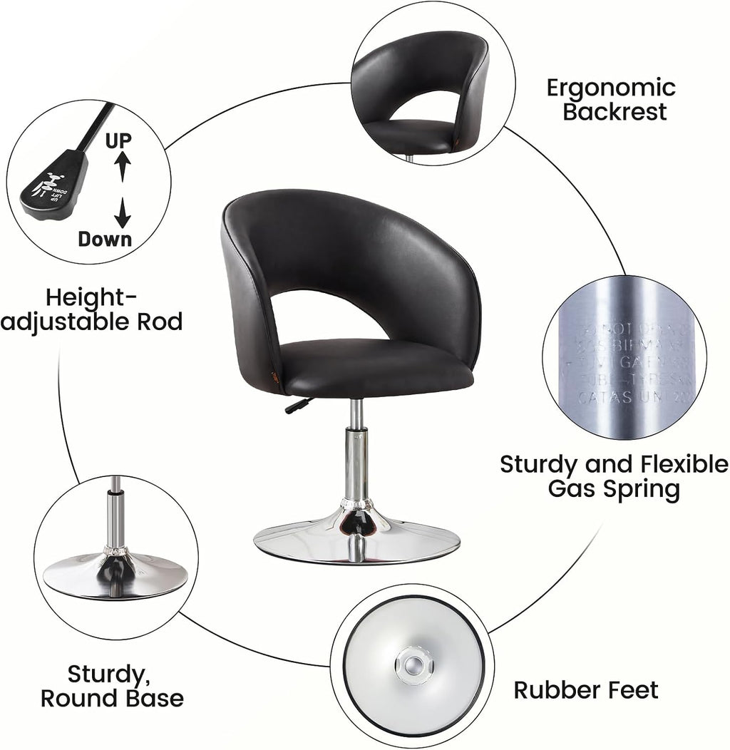 Furniliving Vanity Chair with Arm, PU Leather Chair for Vanity, Swivel Accent Chair, Adjustable Height Makeup Chair with Chrome Base, Living Room Chair for Bedroom, Makeup Room, Study Room, Black
