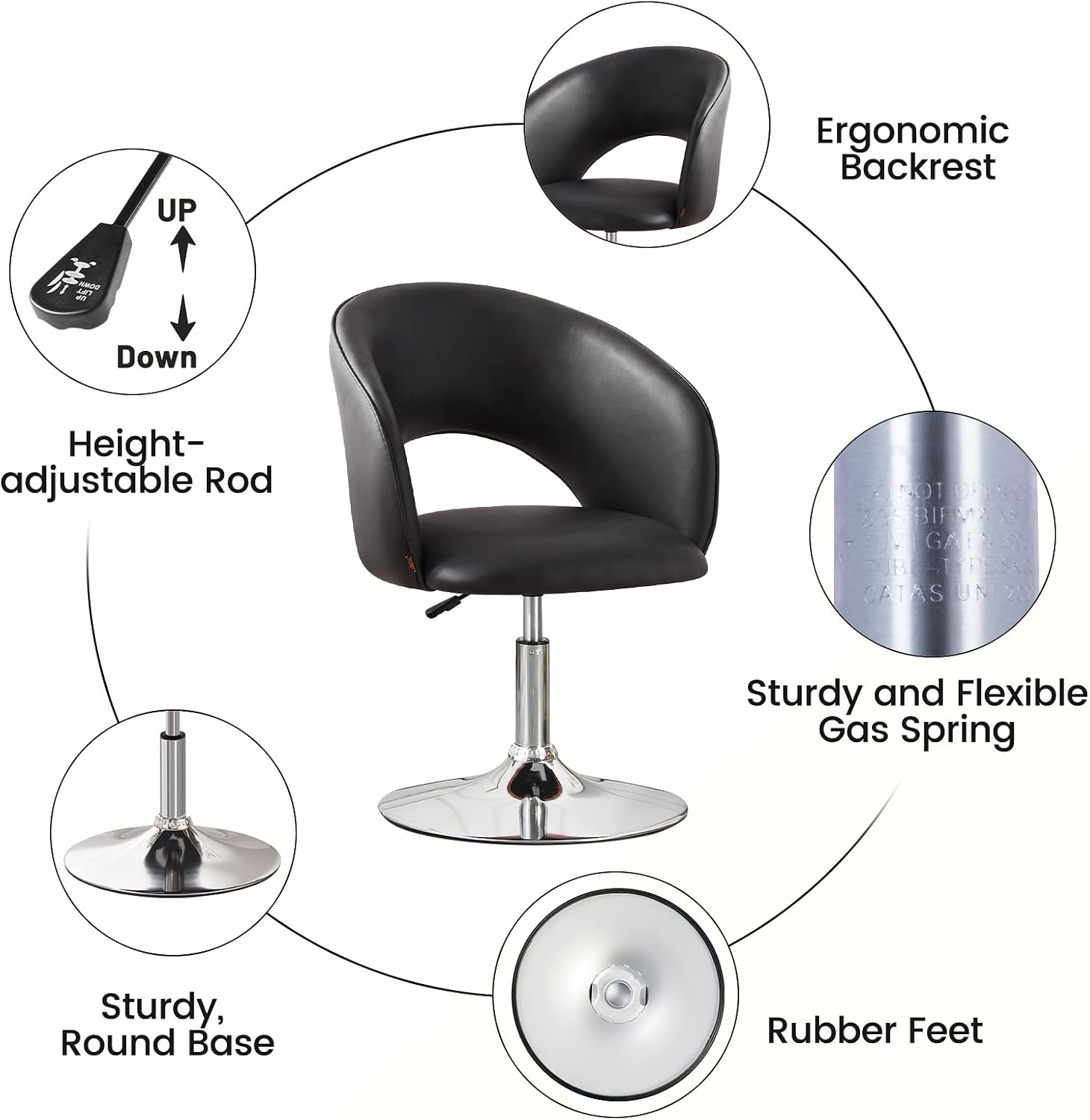 Furniliving Vanity Chair with Arm, PU Leather Chair for Vanity, Swivel Accent Chair, Adjustable Height Makeup Chair with Chrome Base, Living Room Chair for Bedroom, Makeup Room, Study Room, Black