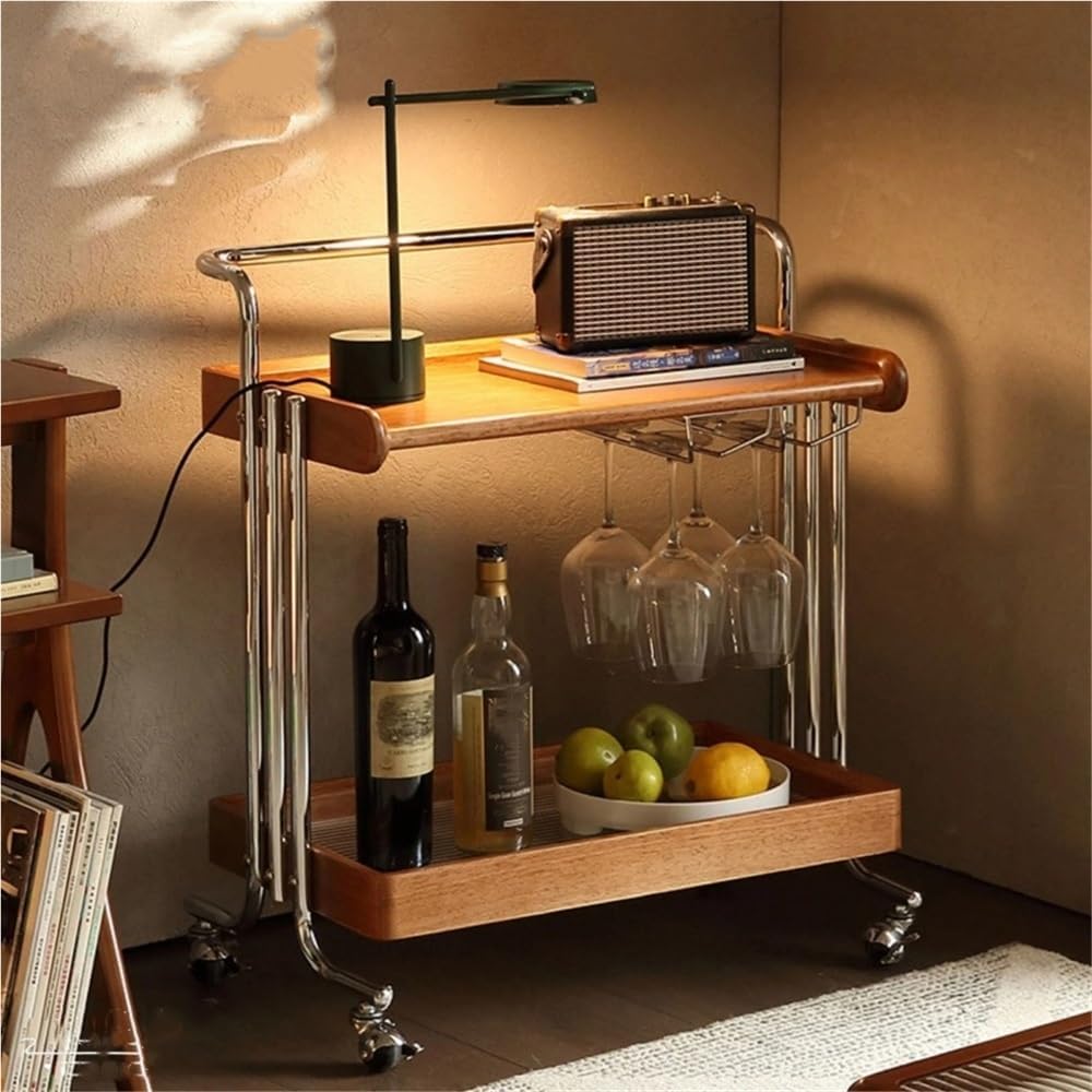 Double-Layer Bar Cart, Modern Bedside Cart with Handle, Side Table with Wheel...