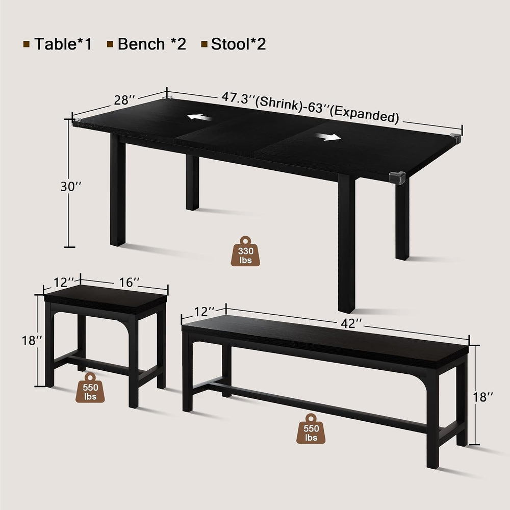Einhomn 5-Piece Dining Table Set for 4-6, 63" Extendable Kitchen Table w...