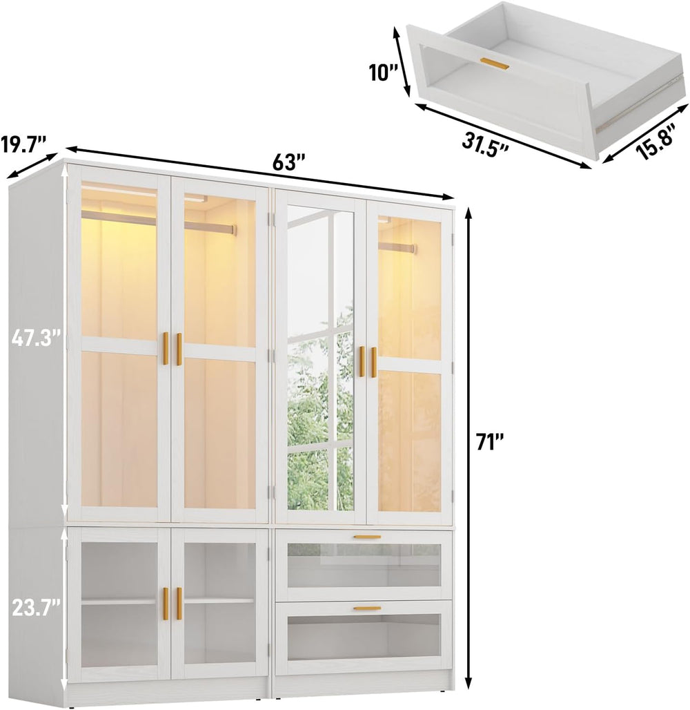 4 Doors Armoire Wardrobe Closet with LED and Mirror,71" H Freestanding W...