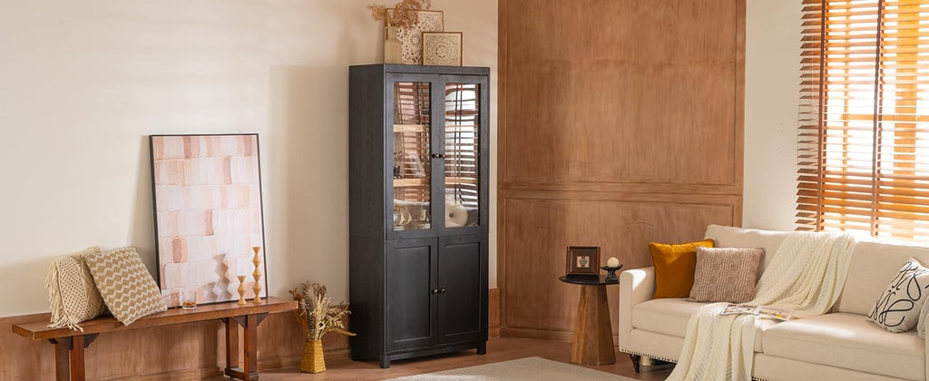 32.75" D*15.75" W*74.5" H Freestanding Kitchen Pantry with 4 Shelves, Top French Door & Lower Double Door, Rectangular Kitchen Pantry，for Living Room, Dining Room，Black