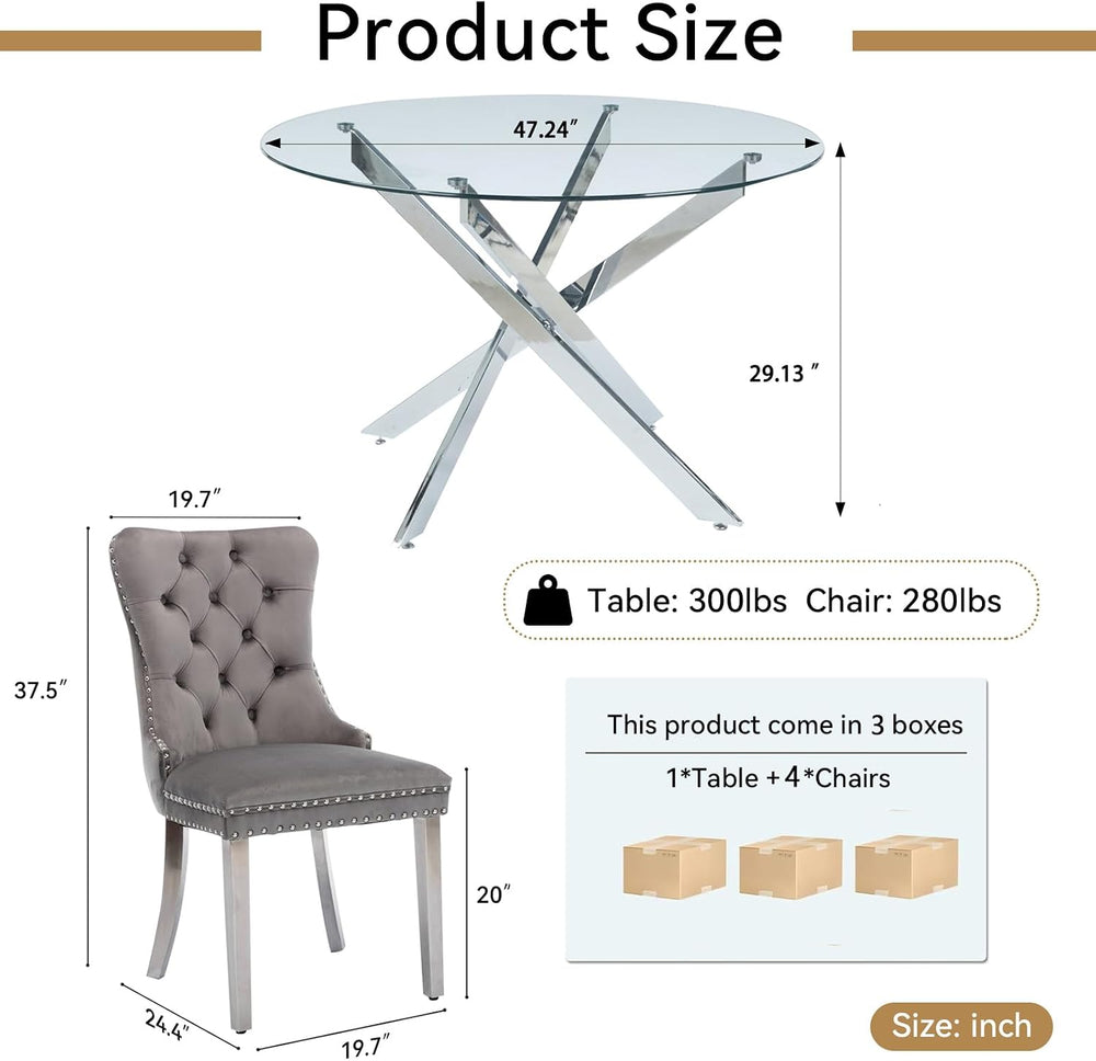 Round Glass Dining Table Set for 4, Small Kitchen Table Set for 4, 47" R...