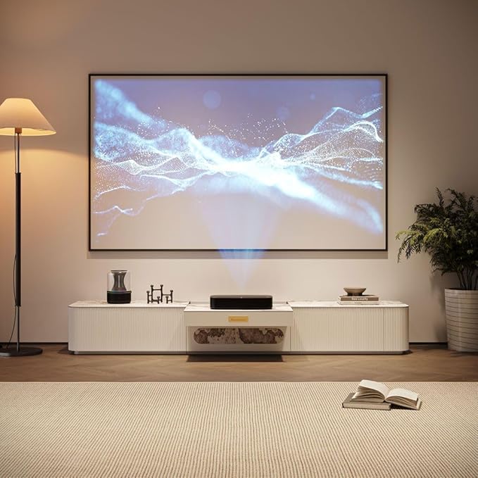 POVISON Fully-Assembled Modern Low Profile TV Stand with Ultra-Short Throw Projector Platform, Sintered Stone Entertainment Center with Storage, Wood TV Console, Media Console for Living Room