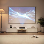 POVISON Fully-Assembled Modern Low Profile TV Stand with Ultra-Short Throw Projector Platform, Sintered Stone Entertainment Center with Storage, Wood TV Console, Media Console for Living Room