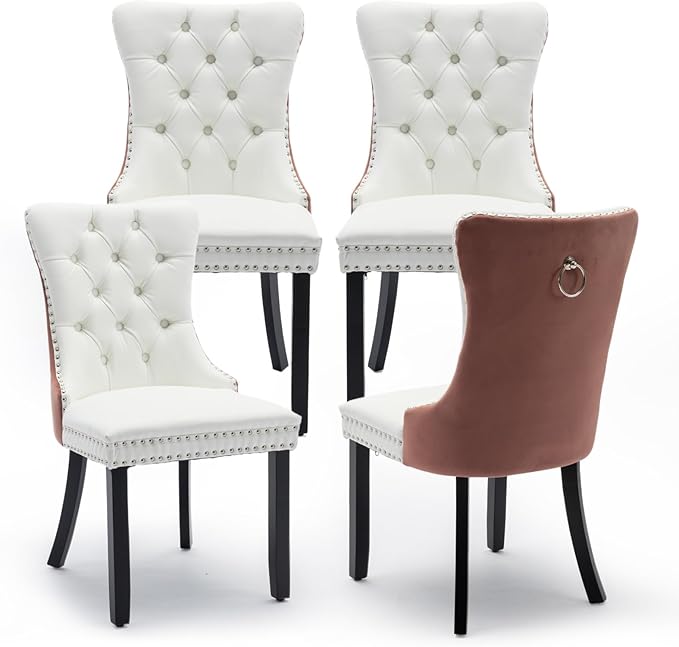 Leather Upholstered Dining Chairs Set of 4, Modern Style Kitchen Side Chairs with Nailhead Trim and Wood Leg, Metal Pulling Ring for Dining Room Living Room(White&Pink)