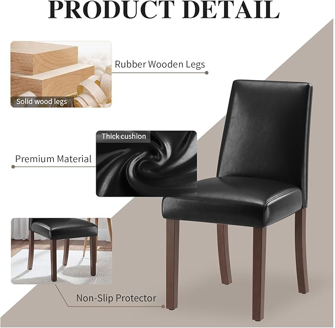 Dining Chairs Set of 2, Modern Dining Room Chairs with Wooden Legs, Faux Leather Upholstered Kitchen Farmhouse Parsons Chairs for Restaurant & Cafe- Black