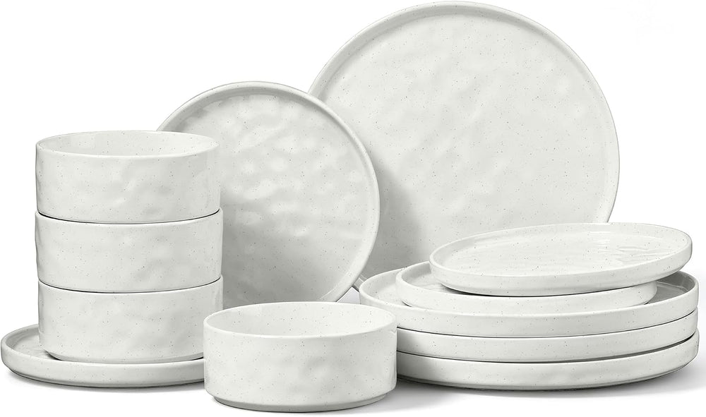 E-far Stoneware Dinnerware Set, 12-Piece White Plates and Bowls Sets for 4
