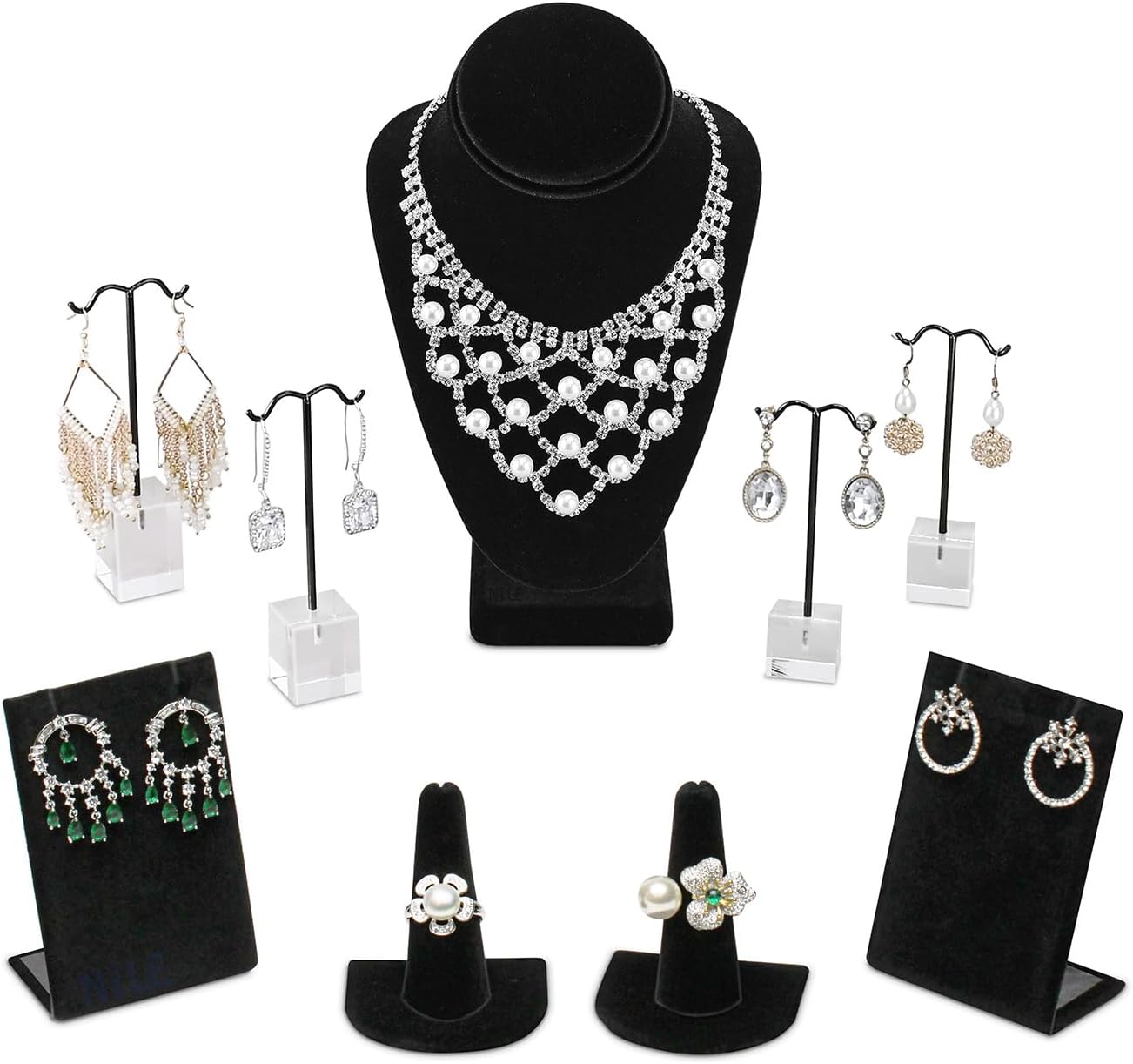MOOCA Jewelry Display Set, Necklace Display Bust, Earring Organizer, Ring Holder Stand for Showcase and Store, Premium Fabric