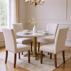 Set of 2 Beige Upholstered Dining Chairs – Farmhouse Kitchen Chairs with High Back, Solid Rubberwood Legs, Padded Foam Seat & Bronze Nailhead Trim, Comfortable Dining Room Chairs for Home, Living Room