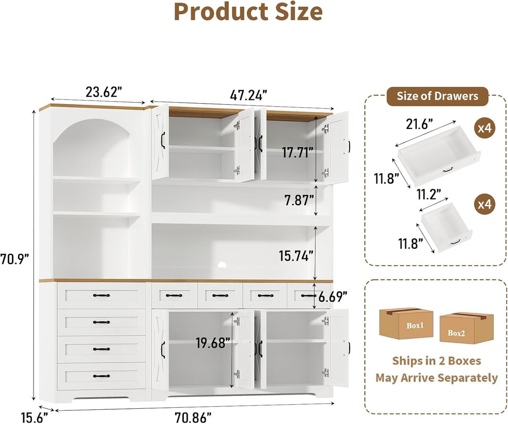 Kitchen Pantry Cabinet with 8 Drawers & Arched Open Shelf, Tall Farmhouse...
