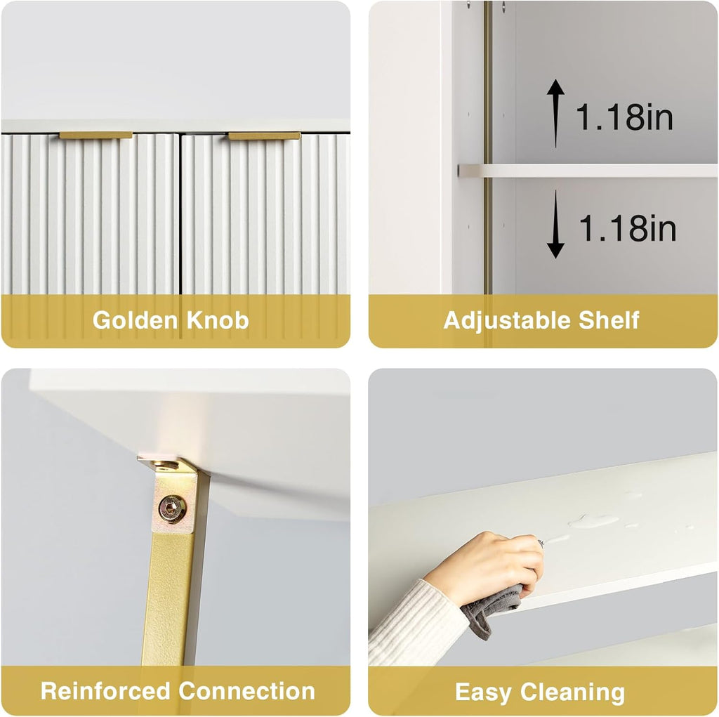 Halitaa 71”Ladder Shelf with Storage Cabinet, Wall Mounted Ladder Bookshelf | Modern Wall Mount Bookcase with Fluted Doors, Display Shelves for Living Room, Bedroom, Bathroom, Home Office, White & Gold