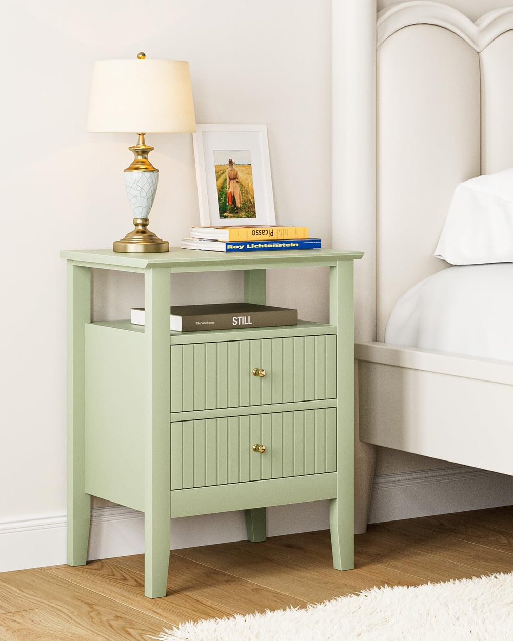 Fluted Nightstand, Farmhouse Night Stand with 2 Drawers, Mid Century Modern S...