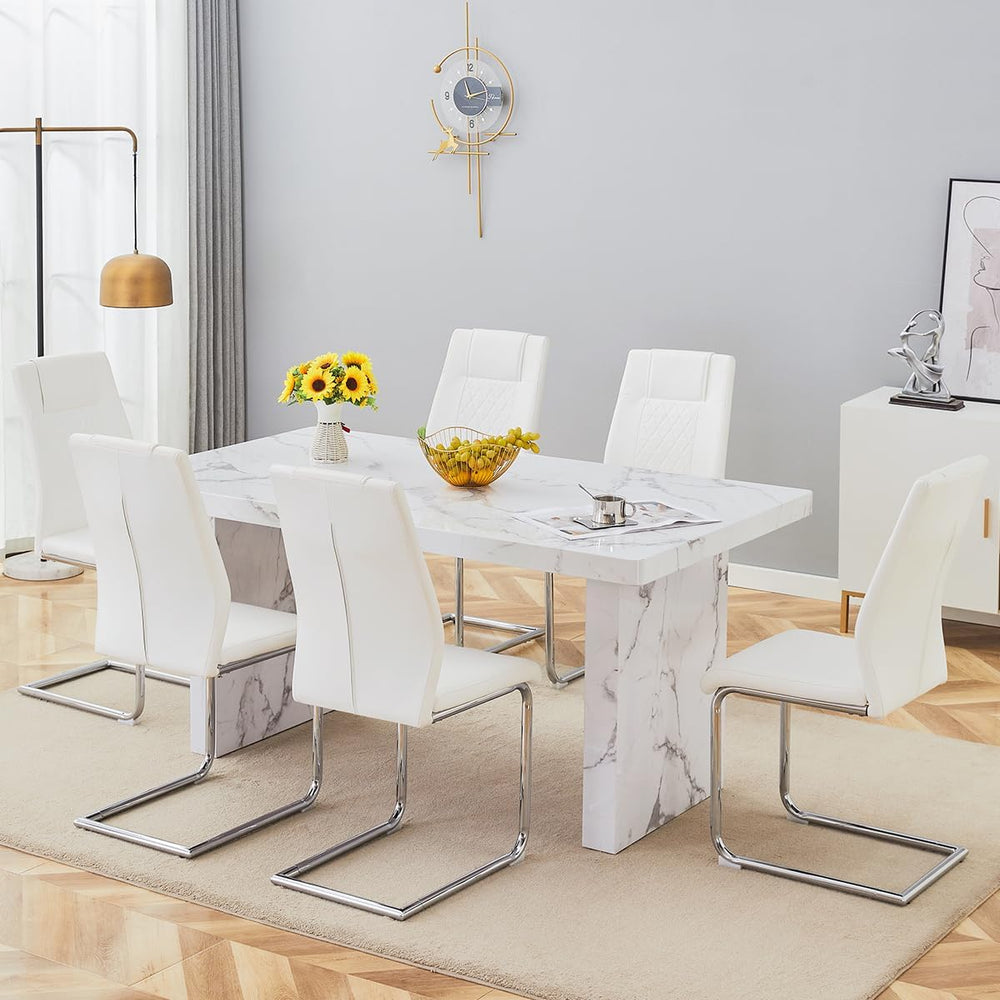 gopop 7 Piece Dining Table Set, Marble Dining Table Set for 6, 63" White...