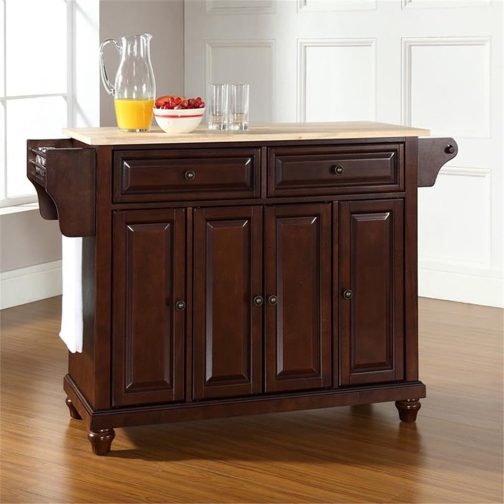 Pemberly Row Modern Natural Wood Top Kitchen Island in Mahogany