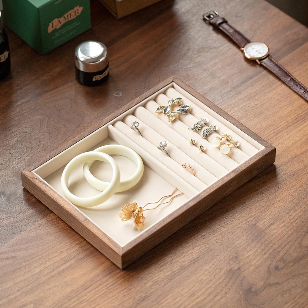 Black Walnut Wooden Jewelry Tray Organizer with Velvet Lining - Jewelry Storage & Display Tray for Rings, Earrings, Bracelets, Watches - Multi-Functional Drawer Organizer (1 Grid + 5 Line)