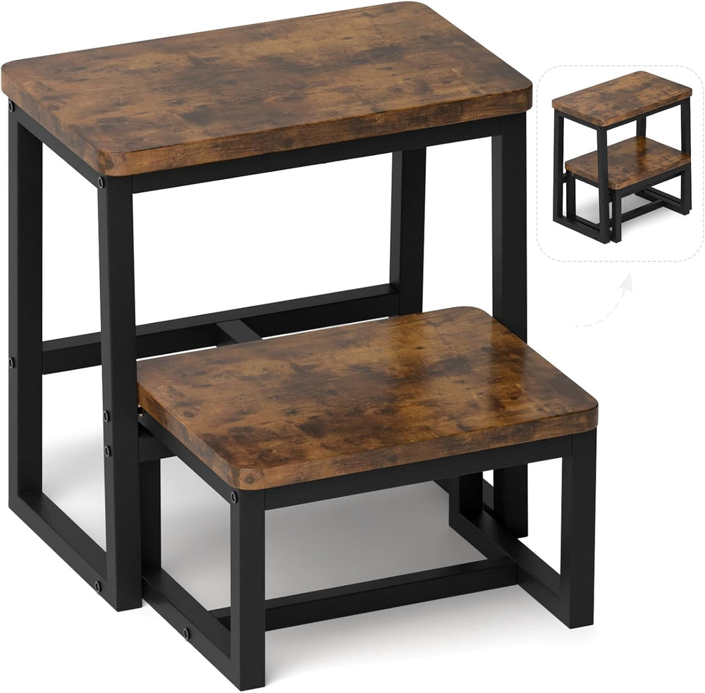 2 Step Stool for Adults Wooden Step Stool with 500 Lbs, Rustic Brown | Kitche...