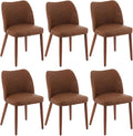 Dining Chair Set of 6, Leather Upholstered Dining Chair with Wood Legs, Wing Backrest, Wooden Kitchen Chair, Kitchen Chairs with Thick Cushions for Dining Room, Living Room, Brown