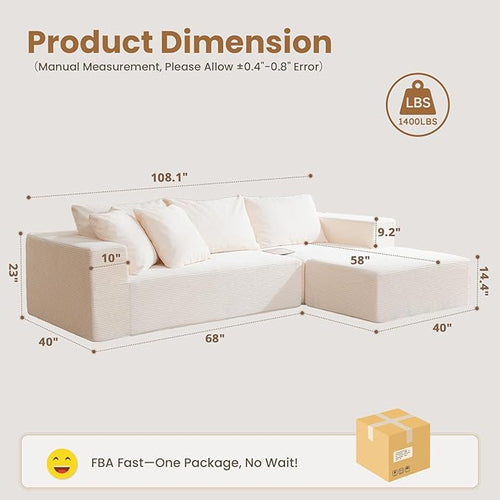 108" L-Shaped Boneless Couch, Modular Sectional Sofa with Moveable Ottoman, Corduroy Cloud Couches for Living Room, No Assembly, Ship in a Box, Beige