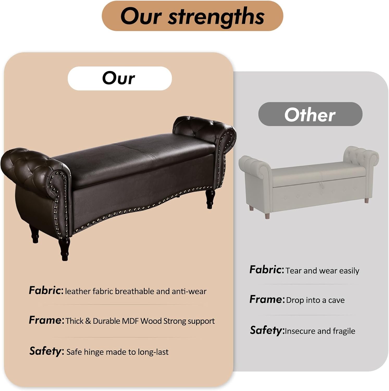 ZZW Storage Ottoman Bench, 51" Length Upholstered End of Bed Storage Bench for Bedroom with Safety Hinge, Tufted Bed Benches with Rolled Arm and Nailhead Trim for Living Room, Entryway Dark Brown