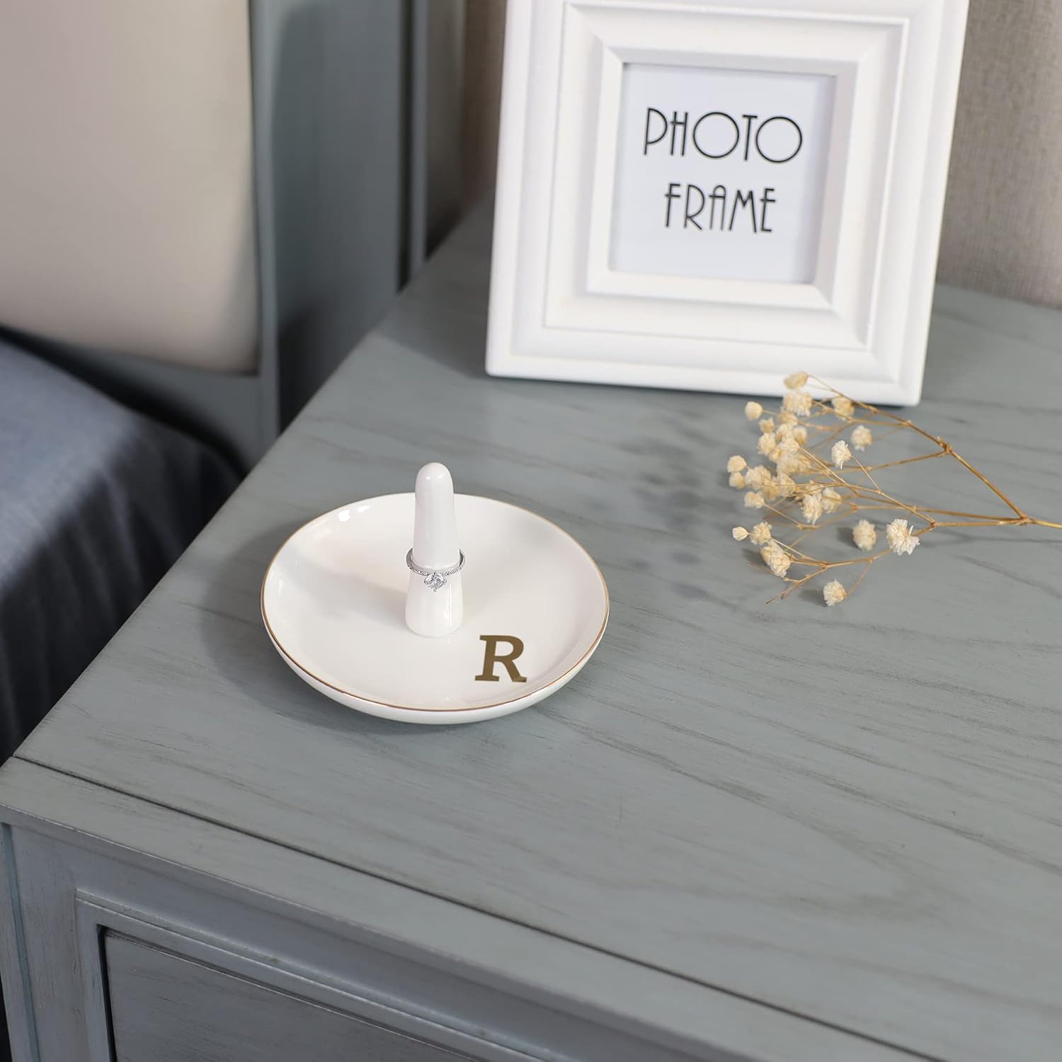 HOME SMILE Initials Ring Holder Jewery Tray with personalized R-Monogrammed Engagement Gifts for Friends,Birthday Mother's Day Christmas Gifts for Women,Ceramic White