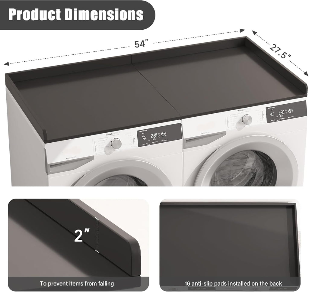 Washer Dryer Countertop, Foldable Laundry Countertop with Edge Rails - 27.5" x 54" Melamine Finish for Laundry Room Organization (Black)