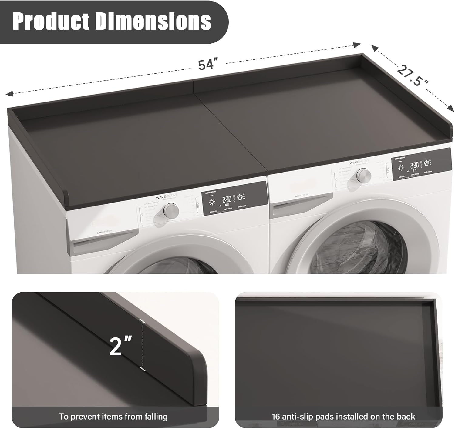 Washer Dryer Countertop, Foldable Laundry Countertop with Edge Rails - 27.5" x 54" Melamine Finish for Laundry Room Organization (Black)
