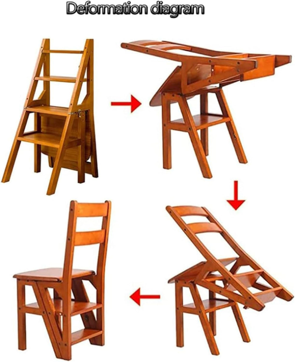 4 Tier Folding Step Ladder, 3-in-1 Wooden Folding Ladder Chair, Portable Mult...