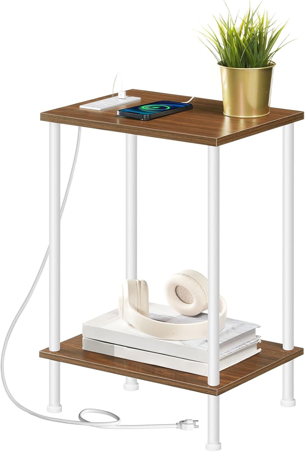 HOOBRO Side Table with Charging Station, End Table with USB Port and Outlets, Nightstand with 2-Layer Storage Shelves for Small Spaces, Living Room, Bedroom, Walnut and White WH09UBZ01