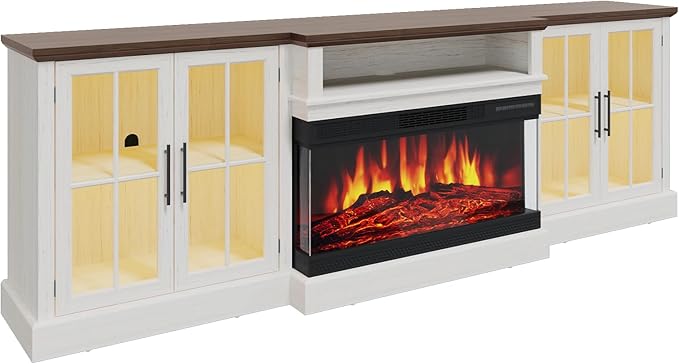 98" Farmhouse TV Stand with 36" Fireplace for Living Room,Media Entertainment Center with Adjustable Shelves and Large Storage Cabinets, White TV Stand for TVs up to 100", White