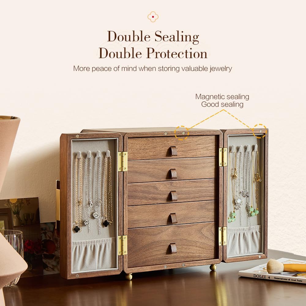 Double Door Jewelry Box, Black Walnut Jewelry Storage with Velvet Lining | 5-Layer Wooden Organizer with Magnetic Closure for Birthday, Wedding