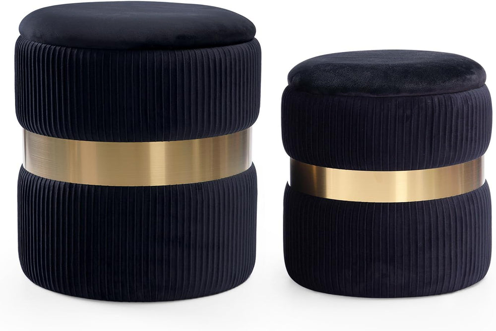 Round Velvet Storage Ottoman with Removable Lid Set of 2, Upholstered Footres...