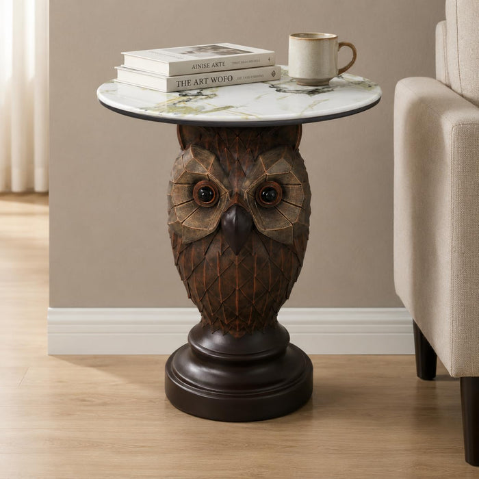 Rustic Brown Owl Accent Table - 22.83" Geometric Owl Sculpture Side Table with 17.72" Round Marble Pattern Top, Decorative Bird Statue Nightstand for Cottage & Lodge Style Interiors, 24.25 LBS