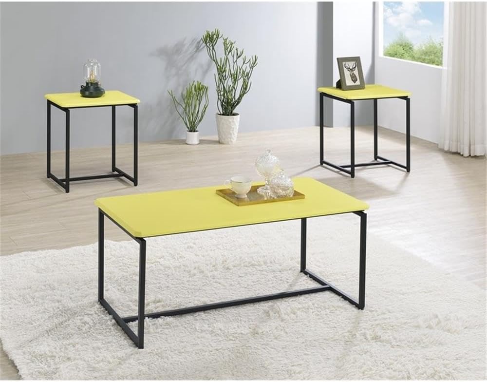 Lilola Home GT 3 Piece Yellow Carbon Fiber Wrap Coffee Table and End Table Set